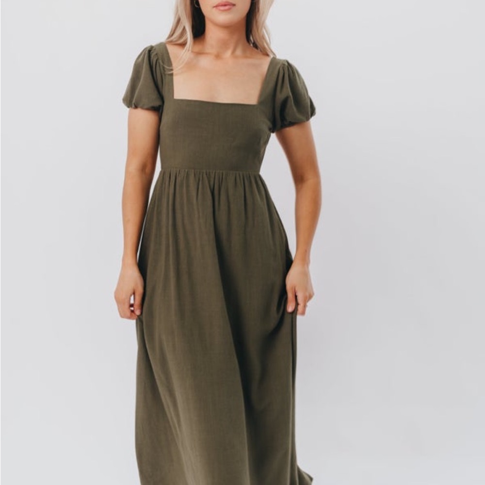 WORTH COLLECTIVE Olive Green Linen Puff Sleeve Dress